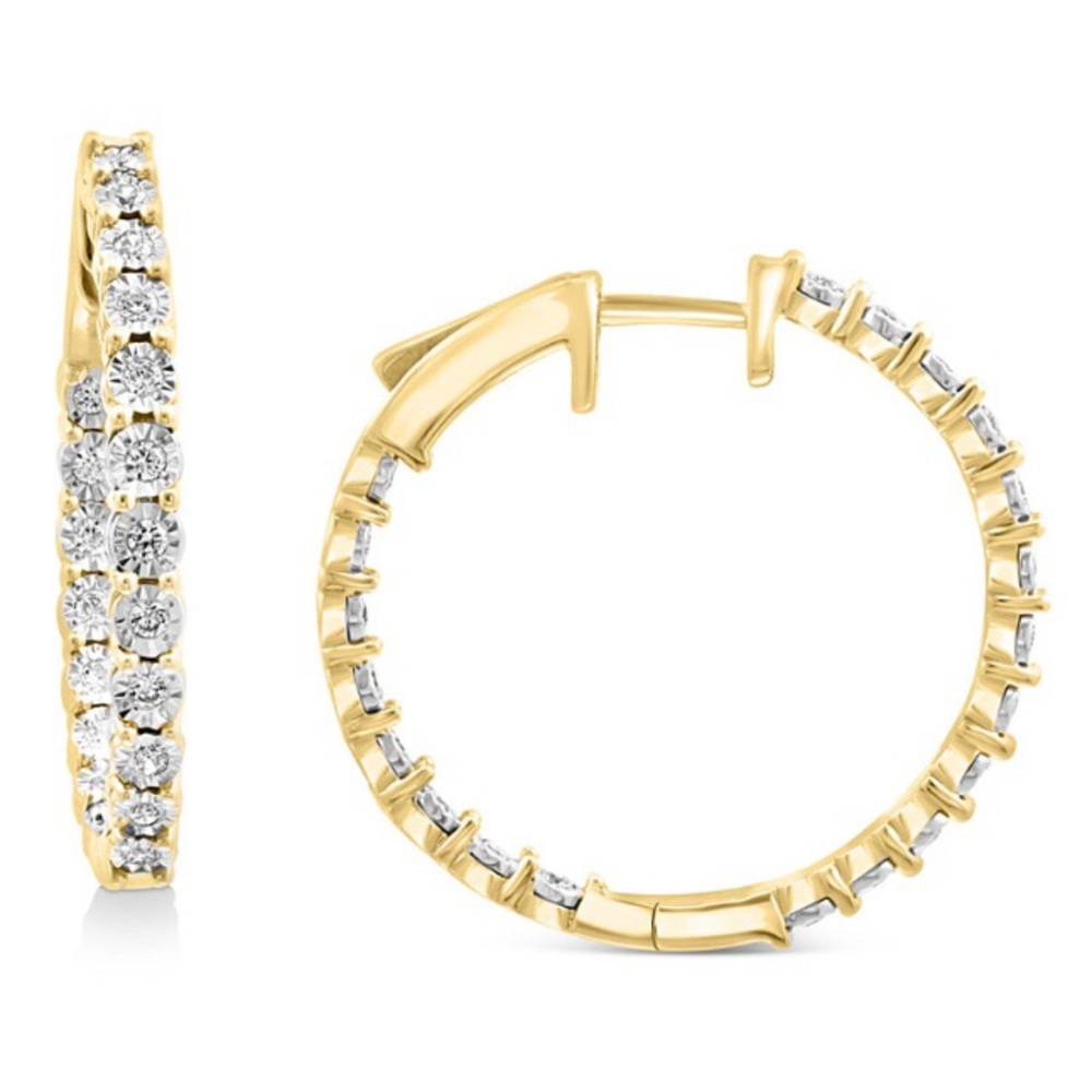 NIB $1000 EFFY Diamond In & Out Small 1" Hoop Earrings in 14K Gold Over Sterling